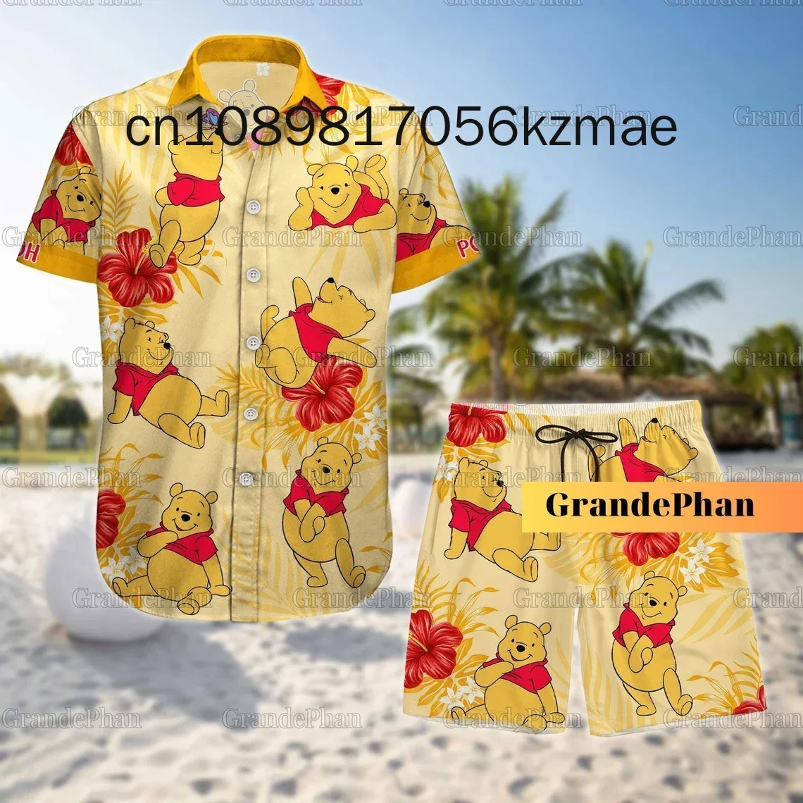 2024 Winnie The Pooh Hawaiian Shirt Shorts Set Casual Beach Vacation Short Sleeve Set Disney Beach Shorts Retro Button Shirt