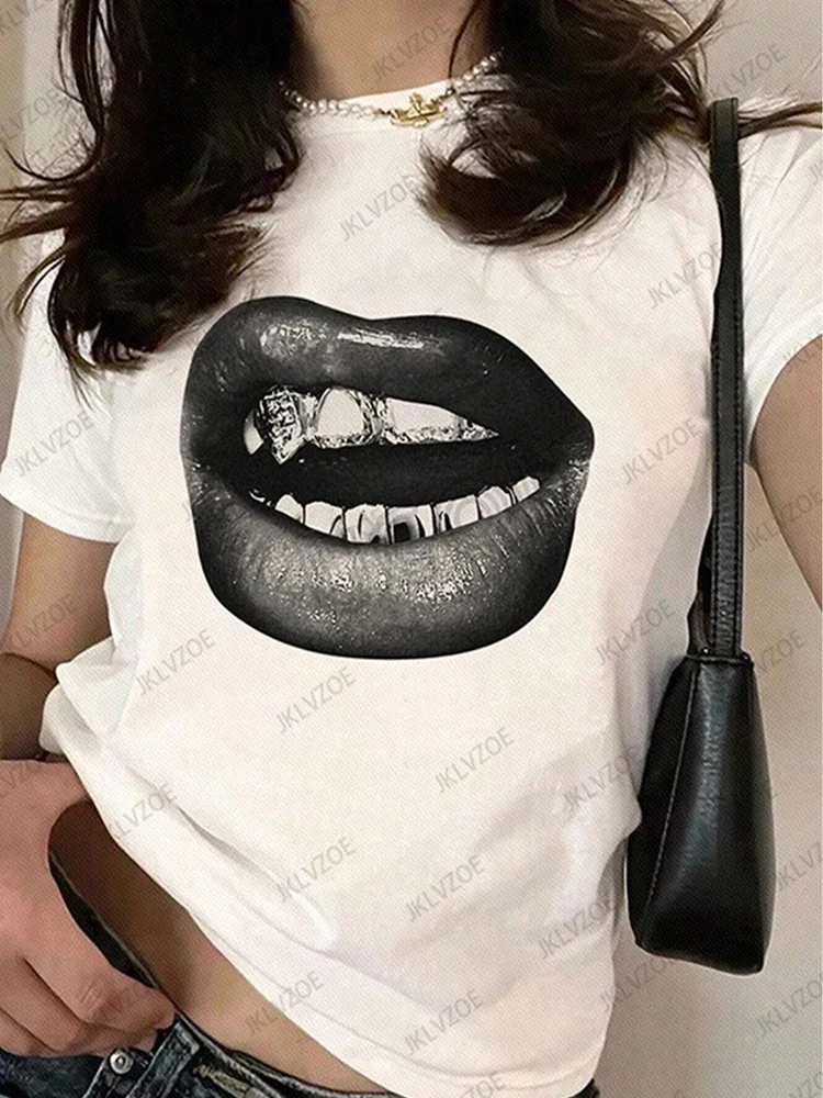 Summer Sporty T-Shirts Lip Printed Female Clothing Short Sleeve O-neck Tees Funny Women T Shirt Vintage Unisex Tops