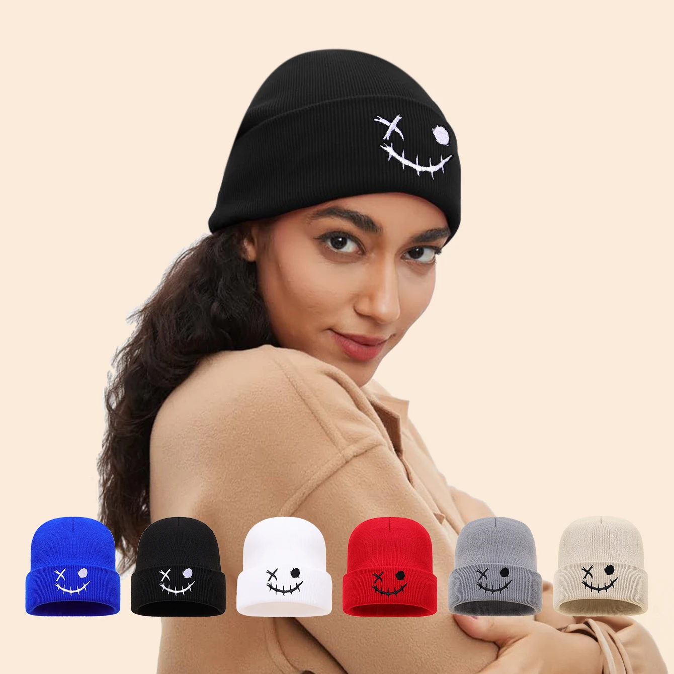 

3pcs/2pcs/1pc Autumn/Winter Warm Knitted Hat with Halloween Grimace Embroidery Leisure Fashion Ear Protection Hip Hop Beanies