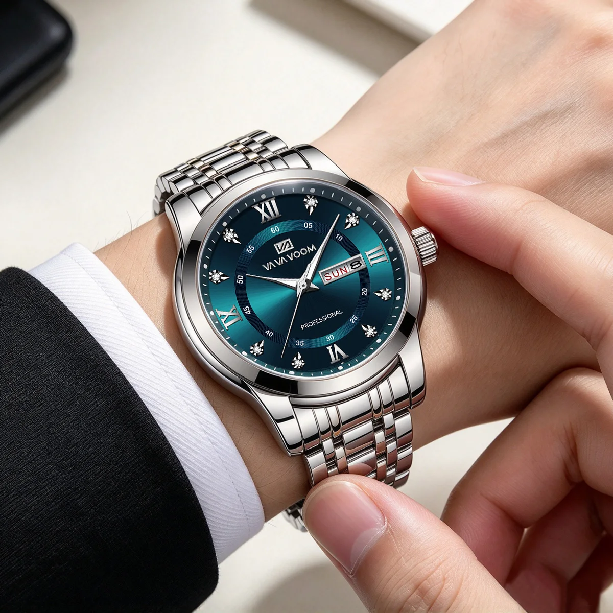 VA VA VOOM Luxury Watch Men Gold Blue Rhinestone 41mm Stainless Steel Business Original Quartz Movement Week Couple Men Watches