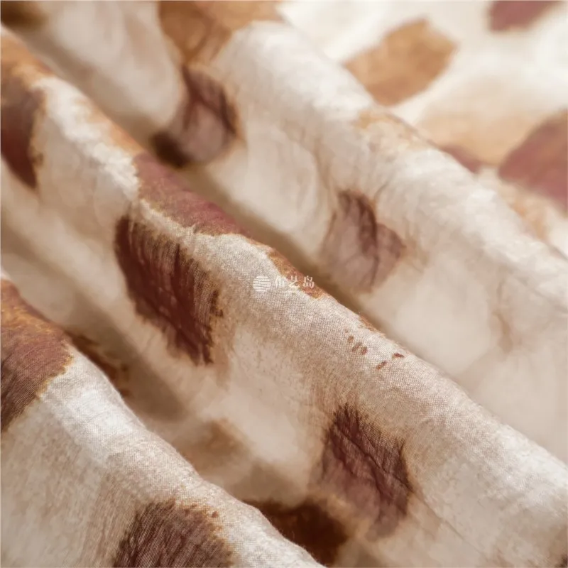 Skin-friendly semi-transparent brown irregular geometric pattern printed linen fabric dress cheongsam