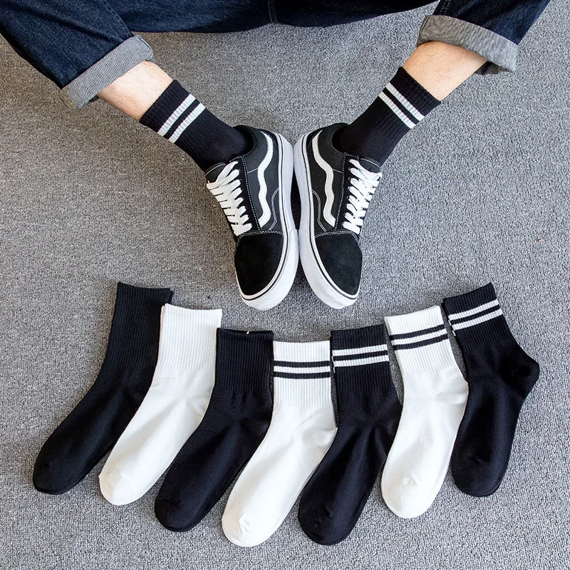 Hot Sale Cotton Striped Socks Men\'s and Women\'s Solid Color Tennis Socks White and Black Unisex Spring Autumn Collection