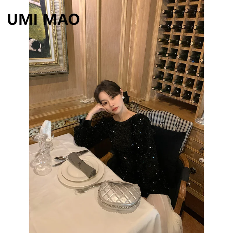 UMI MAO Winter Autumn Dress Elegant Femme 2024 Winter French Style Heiress Dress Sequined Fish Tail Dress For Women