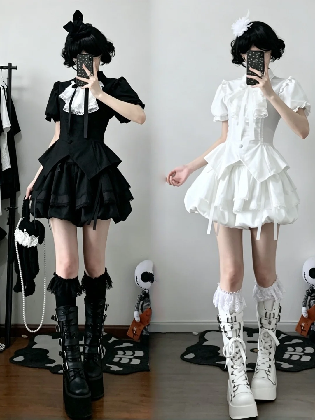 

Slim Fit Bubble Sleeve Two Piece Set Women's Fashion Japanese Style High Waist Knot Top And Skirt Slimming Effect
