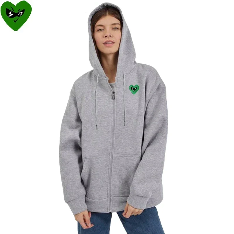 Break Egg Women Zipper Hoodie Cotton Cartoon Cute Glasses Heart Embroidery Pocket Loose Fleece Casual Autumn Sweater