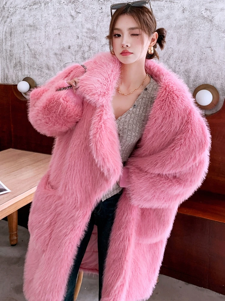 Female Fashion Rouge Powder Faux Fur Coat Loose Lapel Lady Artificial Wool Long Fluffy Jacket Women's Winter Coats Promotion