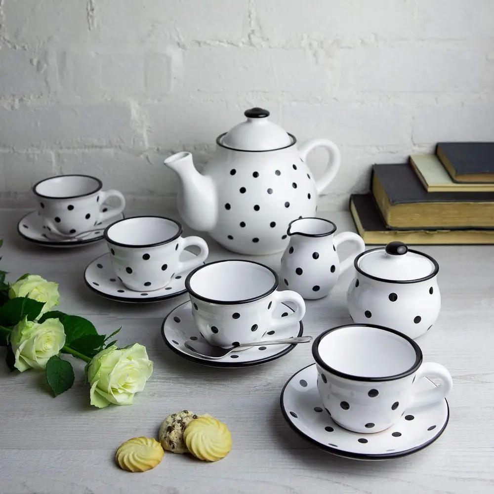 

Handmade White and Black Polka Dot Ceic Teapot Set, Large 1.7l/60oz/4-6 Cup Teapot, Milk Jug, Sugar Bowl, our Cups and Saucers T