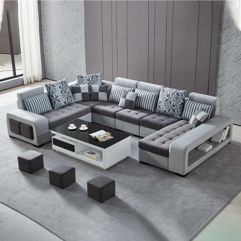 MINGDIBAO Dark Grey & Light Grey Fabric Sectional Couch With Chaise, U-Shape Coth Living Room Sofa With Stools Home Furniture