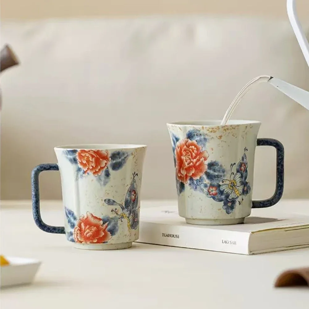 

260ML Caramel Glaze Butterfly Dance Peony Song Lan Cup Ceramic Coffee Cup Home Office Personal Drinking Cup Souvenir Tea Maker