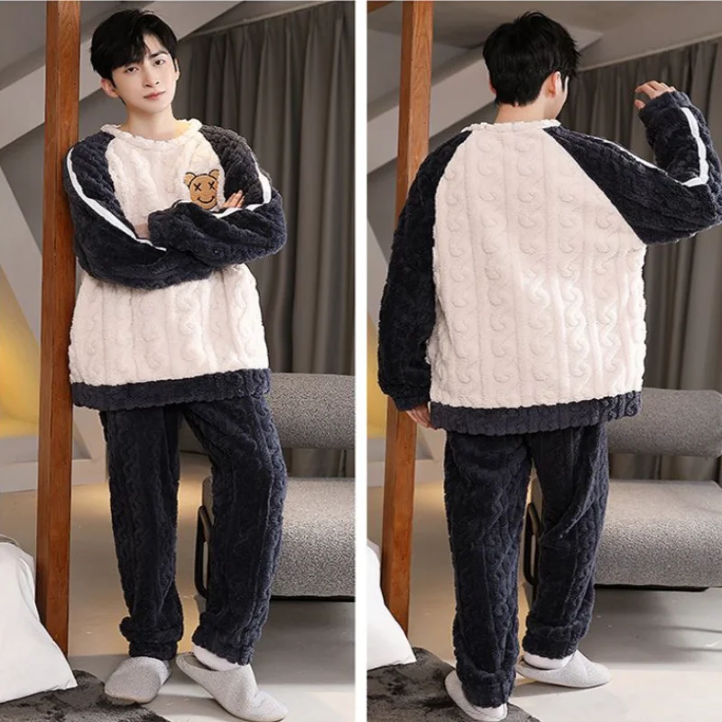 طقم بيجامات شتوية من الصوف المرجاني للرجال - ملابس نوم سميكة ودافئة للخريف والشتاء، ملابس منزلية مريحة بمقاسات كبيرة #4