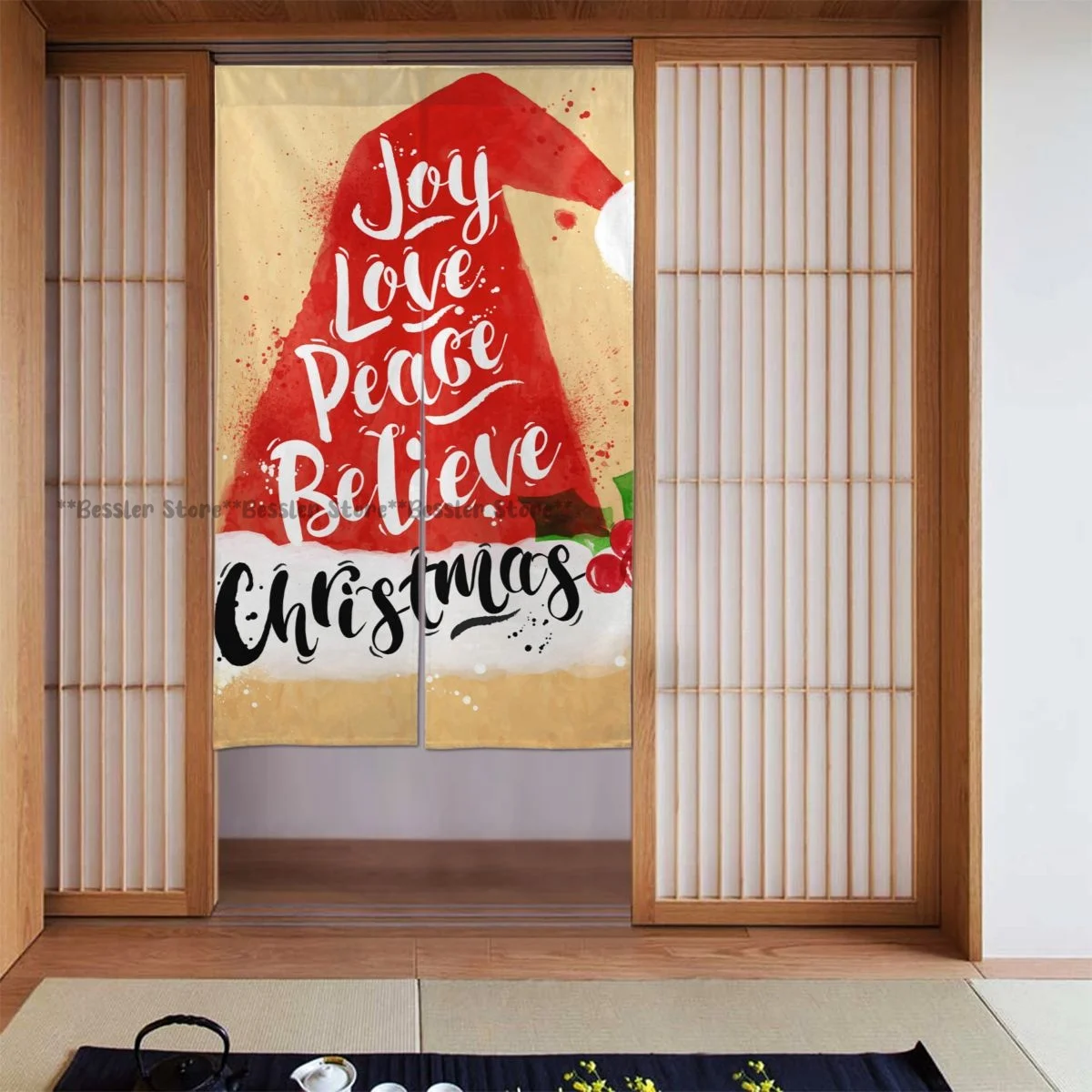 Door Curtain Poster Watercolor Santa Hat Hanging Curtain for Living Room Partition Door Screen Home Deocration