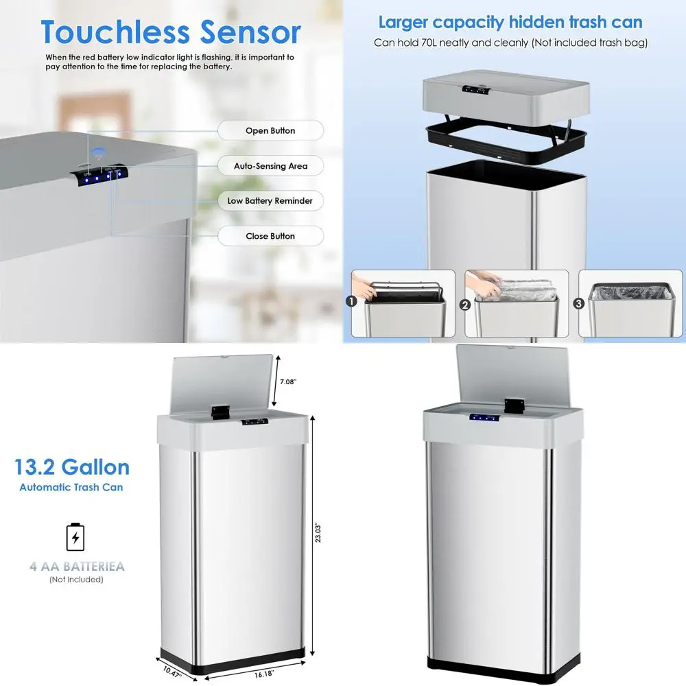 

Автоматический бесконтактный мусорный бак с крышкой с плавным закрыванием, держателем для пакетов и подсветкой, объемом 13,2 галлона, для кухни, гостиной или офиса (серебристый)