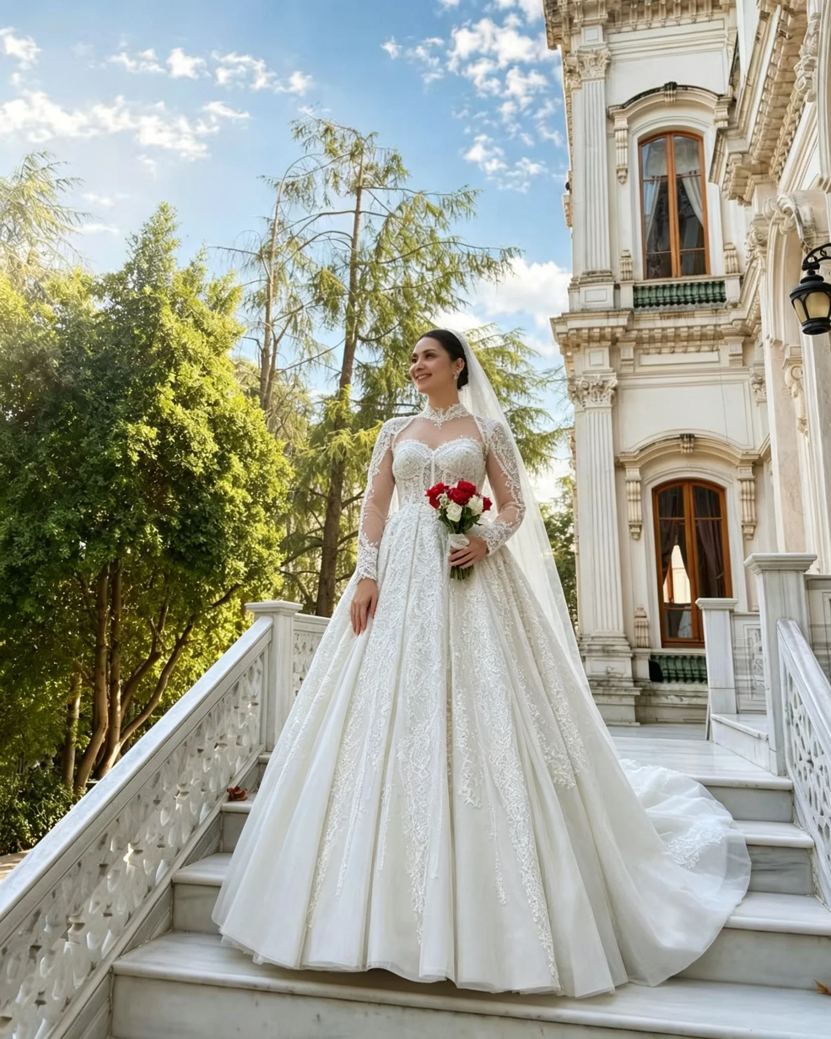 High Neck Illusion Wedding Dress Long Lace Sleeves Sweetheart Bodice Corset Ballgown Bridal Gown Keyhole Back Chapel Train Custo