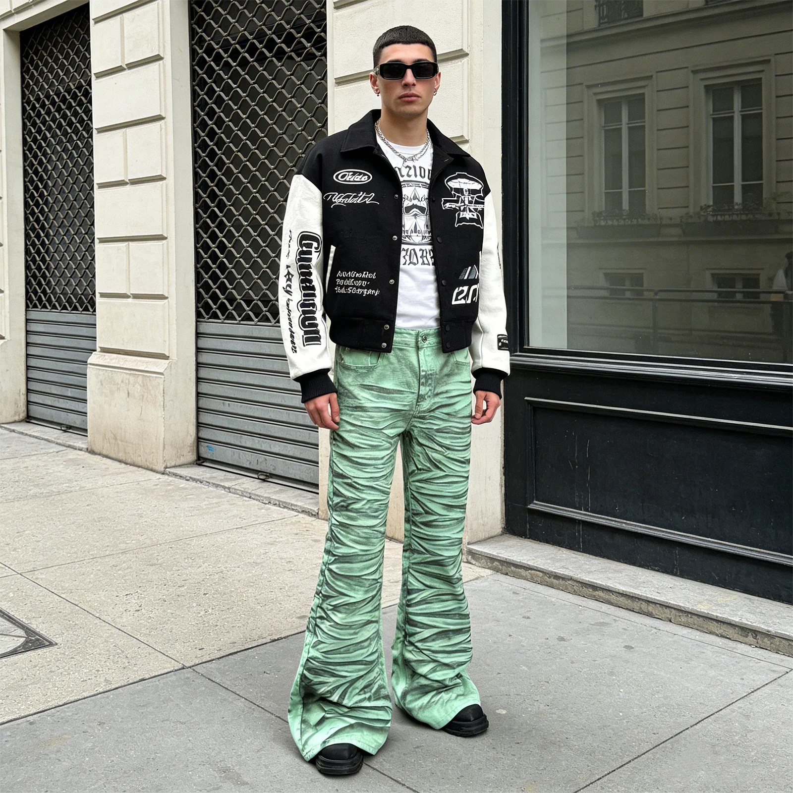 Vintage Washed Green Striped Flared Jeans Skinny Casual Y2k Streetwear Tie-Dye Denim Flare Trousers Hip Hop Slim Fit Denim Pants