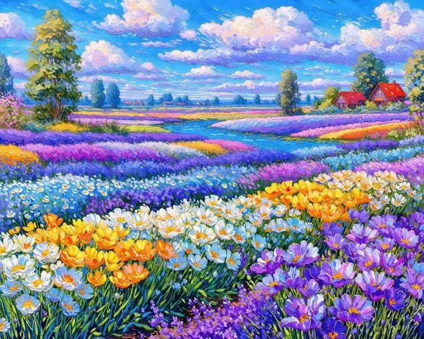 Colorful Flower Field Winding Stream Country Red House Diamond Painting, Vibrant Floral Prairie Scenery Wall Decor For Home Gi