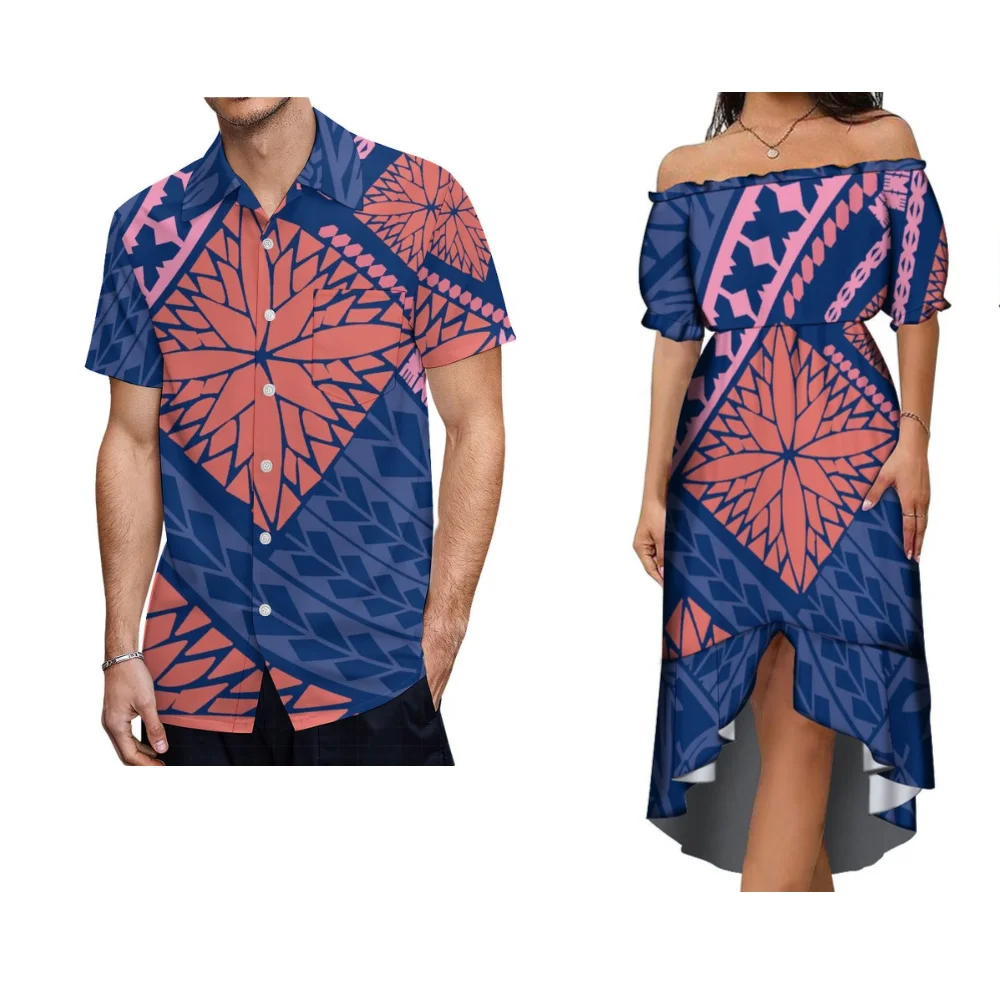 

Women'S Off-The-Shoulder Dress Dovetail Skirt Men'S Shirt Custom Vintage Patterned Design Polynesian Couple Clothing