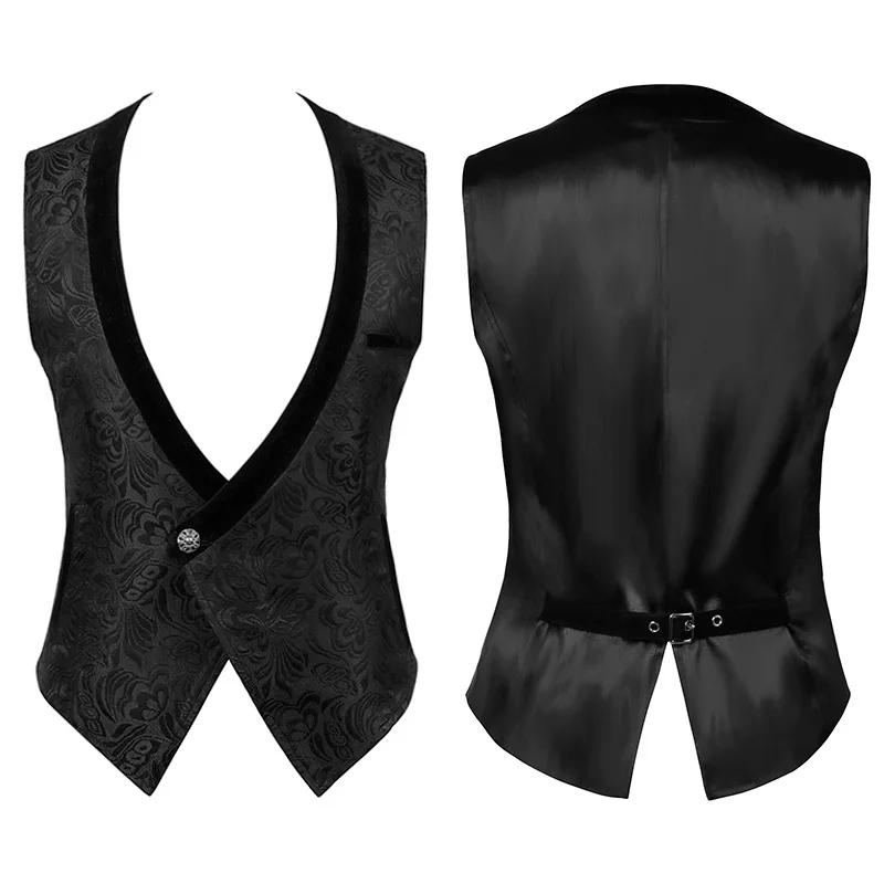 

Mens Medieval Gentleman Solid Color Waistcoat Lapel V Neck Pointed Hem Pockets Vest For Party Performance