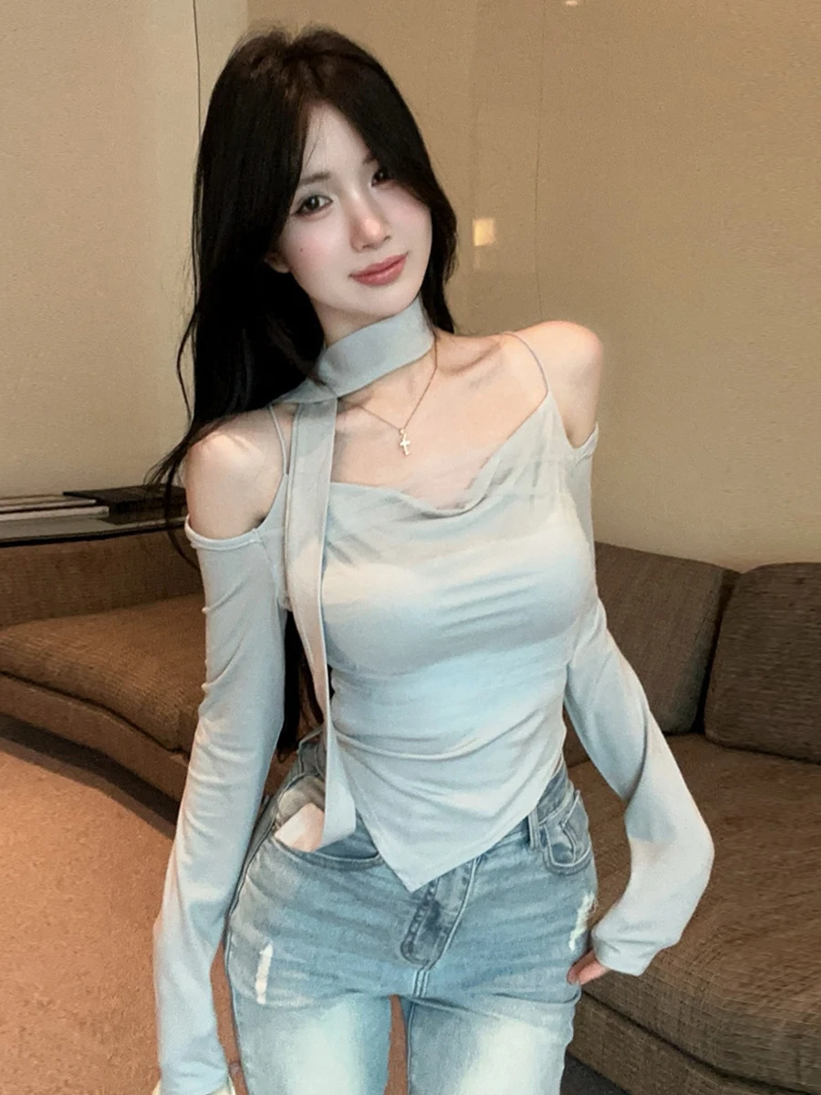 Slim Fit Mesh Shoulder Bared Tunic Top Women's High Waist Design Long Sleeve Casual Style Pure Color Base Shirt Gathered Waist
