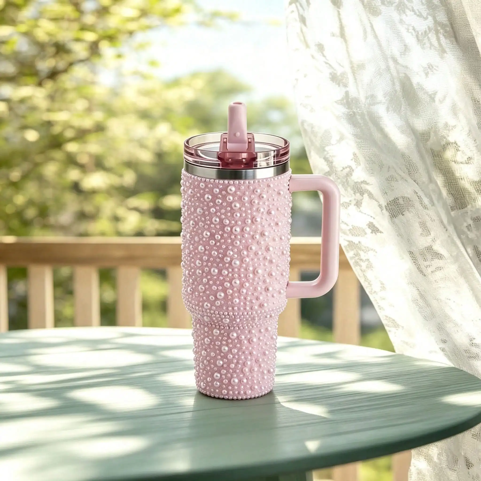 Full Pearl Studded Tumbler With Handle, Stainless Steel Vacuum Insulated Travel Mug Flip Lid & Straw, Elegant Iced Coffee Water Cup