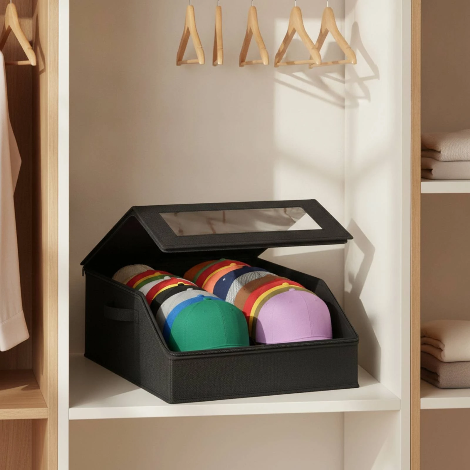 Hat Storage Box Stackable Foldable Hat Organizer Closet Organizer with Window Lidded Space-Saving for Collectors, Wardrobe