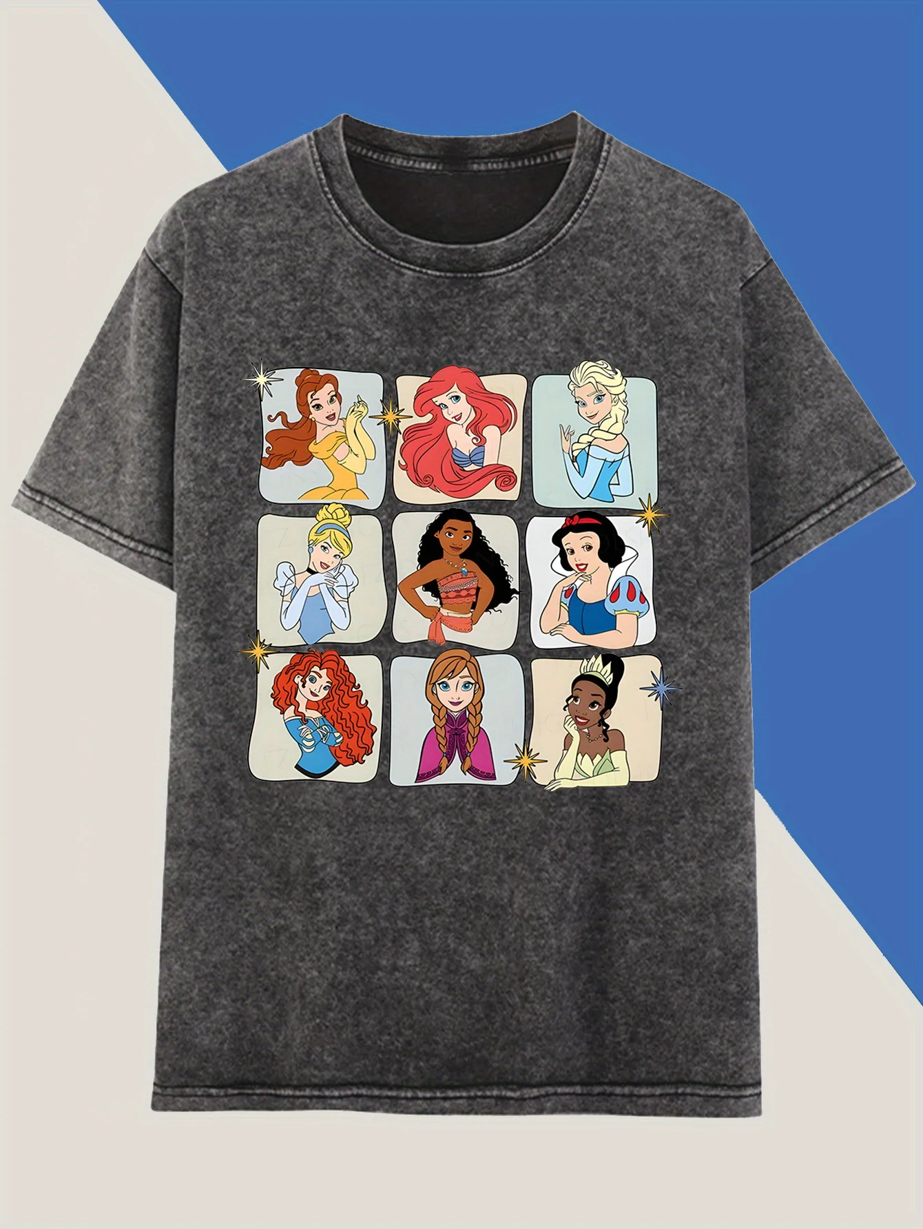 

Disney Princess Charm Series Retro Washed Cotton Unisex Streetwear T-shirt with 9 Cartoon Princess Casual Tops for Men and Women