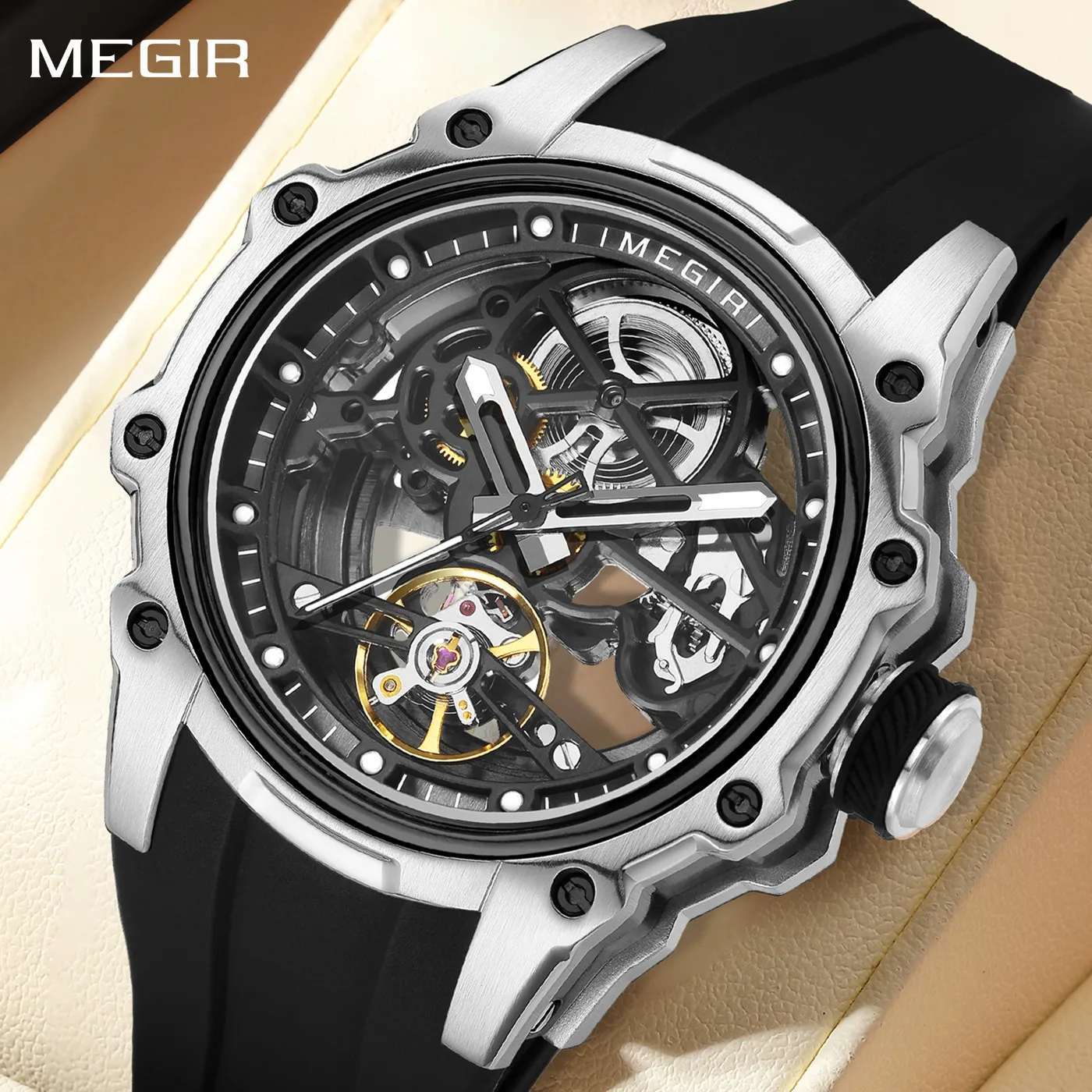 MEGIR Men Mechanical Watch 43mm Skeleton Dial Automatic Movement Stainless Steel Case Waterproof Sport Casual Wristwatch Clock