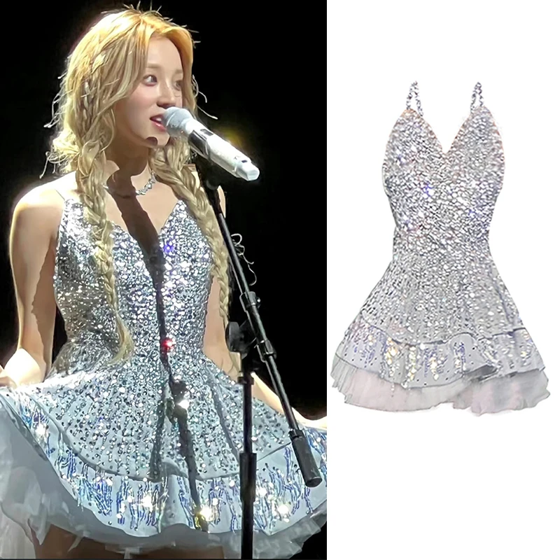

Sparkly Sequined Suspender Dress Women Singer Concert Stage Costume Y2k Performance Tutu Princess Dress Evening Party Dress 5768