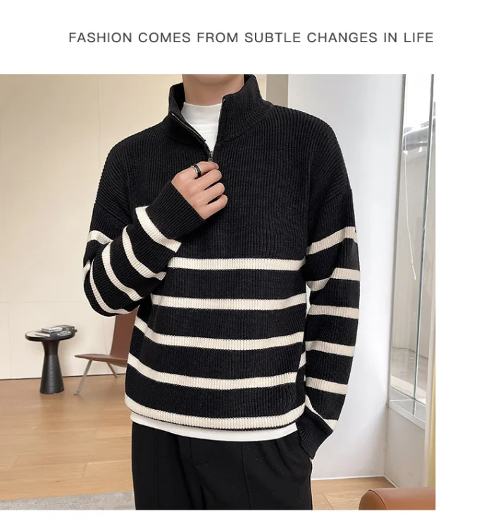 Men's Striped Mock Neck Pullover Sweater With Zipper Casual Daily Wear Autumn Winter Style