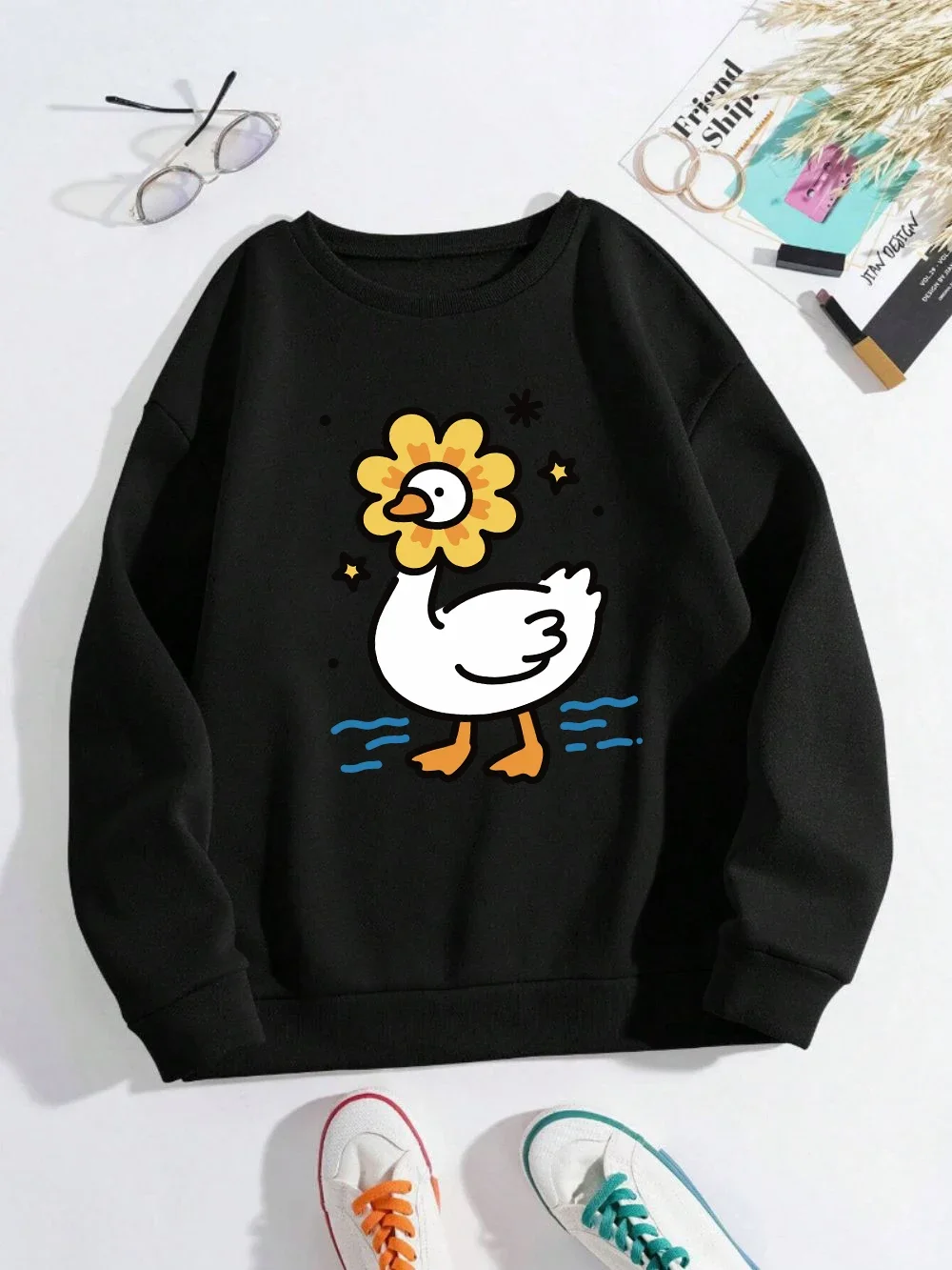 Cute Sunflower Duck Print Hoodie Women's Street Loose Pullover Basic Sports Sweater 2025 Autumn and Winter Warm Women's Clothing