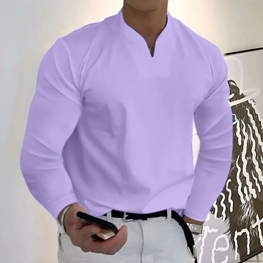 Camisa Casual de Manga Larga con Cuello en V para Hombre, Color Sólido, Básica, para Otoño e Invierno