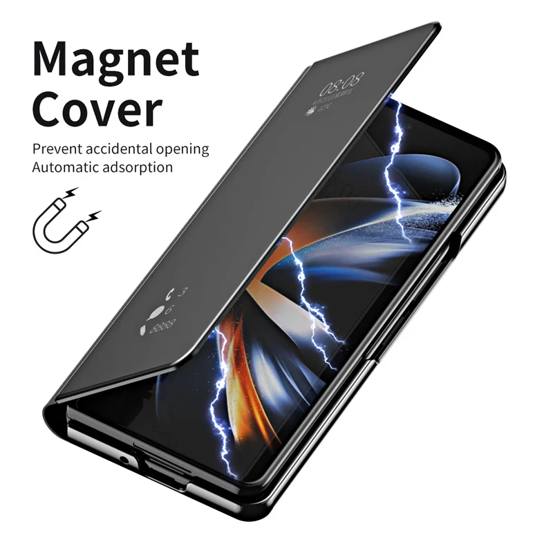 Magnetic Mirror Clear luxury Phone Case for Samsung Galaxy Z Fold 6 5 4 3 2 5G Fold6 5G Smart Window PU Leather Case Full Cover