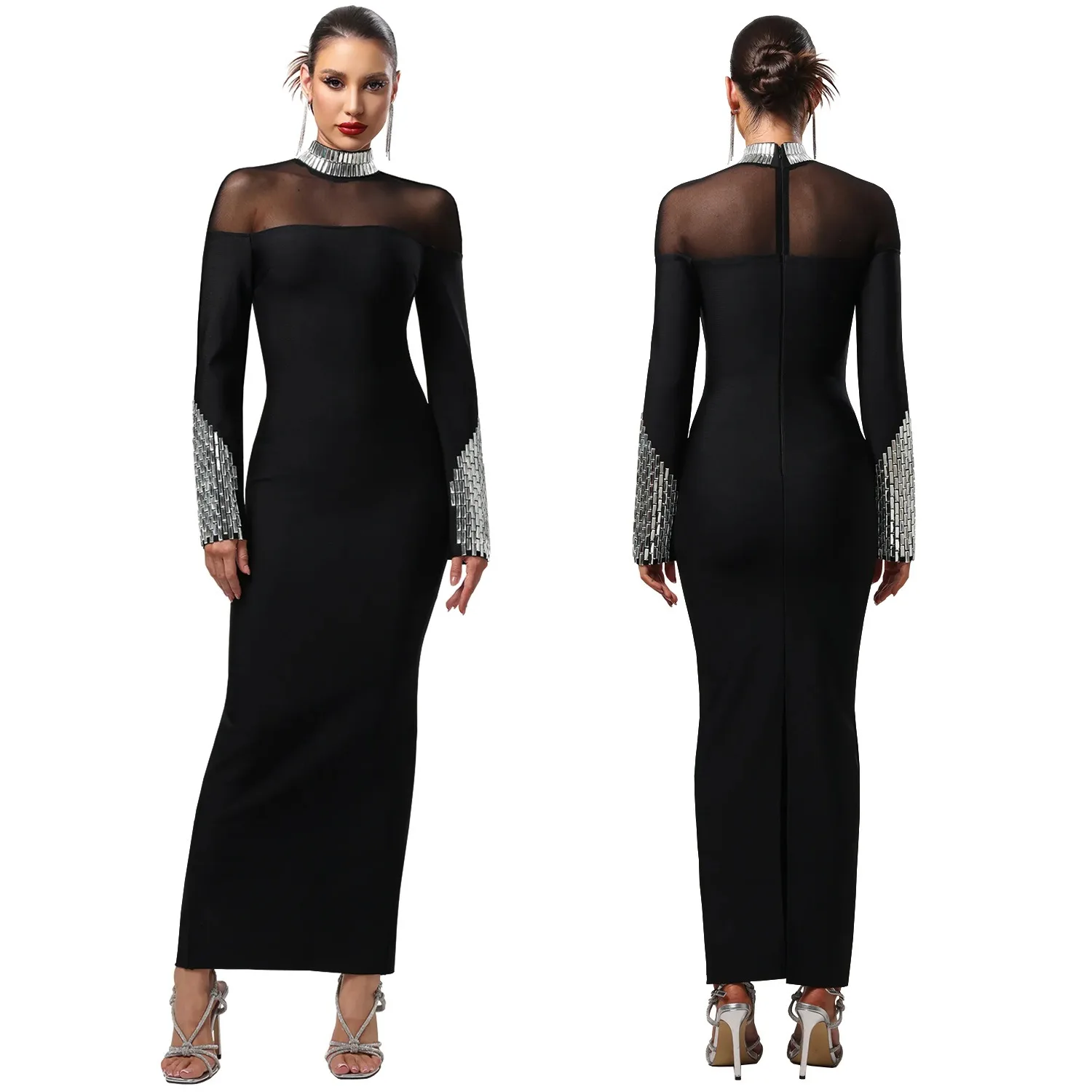 

Sexy Nightclub Party Dance Gathering Club Banquet Solid-Color Elegant High-Neck Long-Sleeve Fitted Rhinestone-Embellished Dress