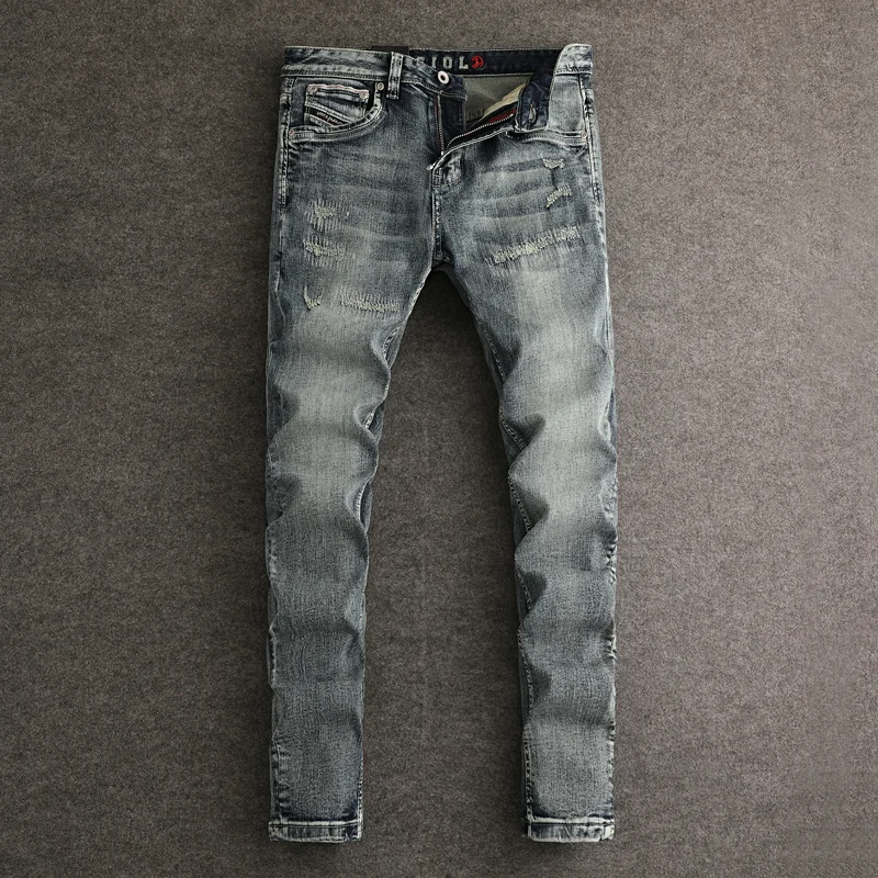 

Fashion Designer Men Jeans High Quality Retro Washed Blue Stretch Slim Fit Ripped Jeans Men Trendy Trousers Vintage Denim Pants