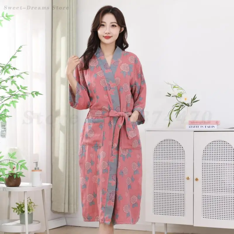 Cotton Gauze Bathrobe Kimono Gown Print Flower Sleepwear Home Wear Breathable Comfortable Robe Loungewear Loose Casual Nightgown