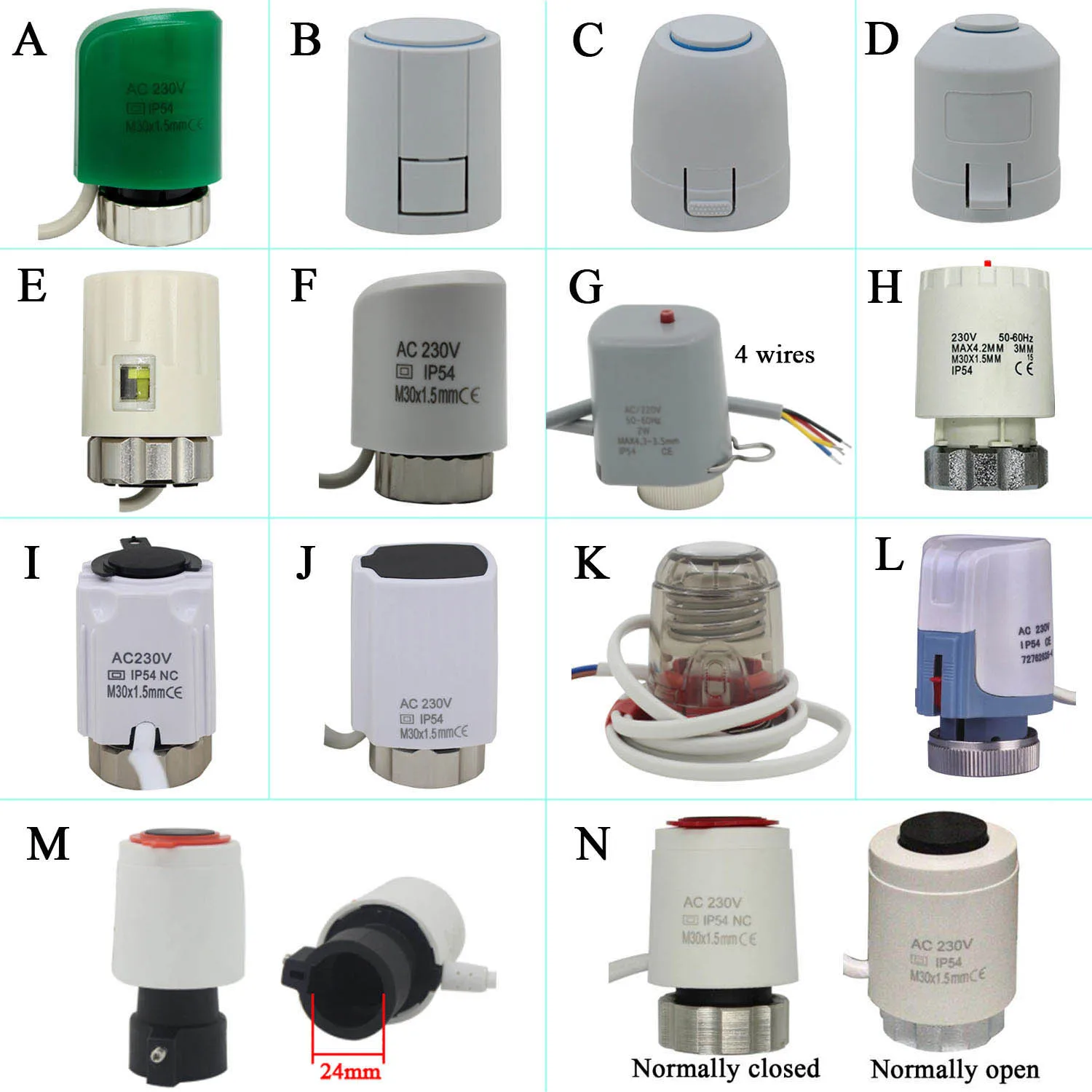 230V24v NO NC electric thermal actuator valve head for thermostat manifold underfloor heating radiator normally opene NC M30X1.5