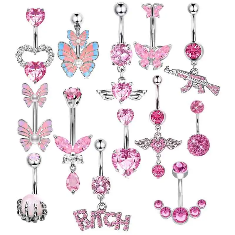 

Wholesales Pink Dangle Belly Button Rings Heart Cross Zircon Curved Barbell Belly Piercing for Women Body Jewelry 14 gauges