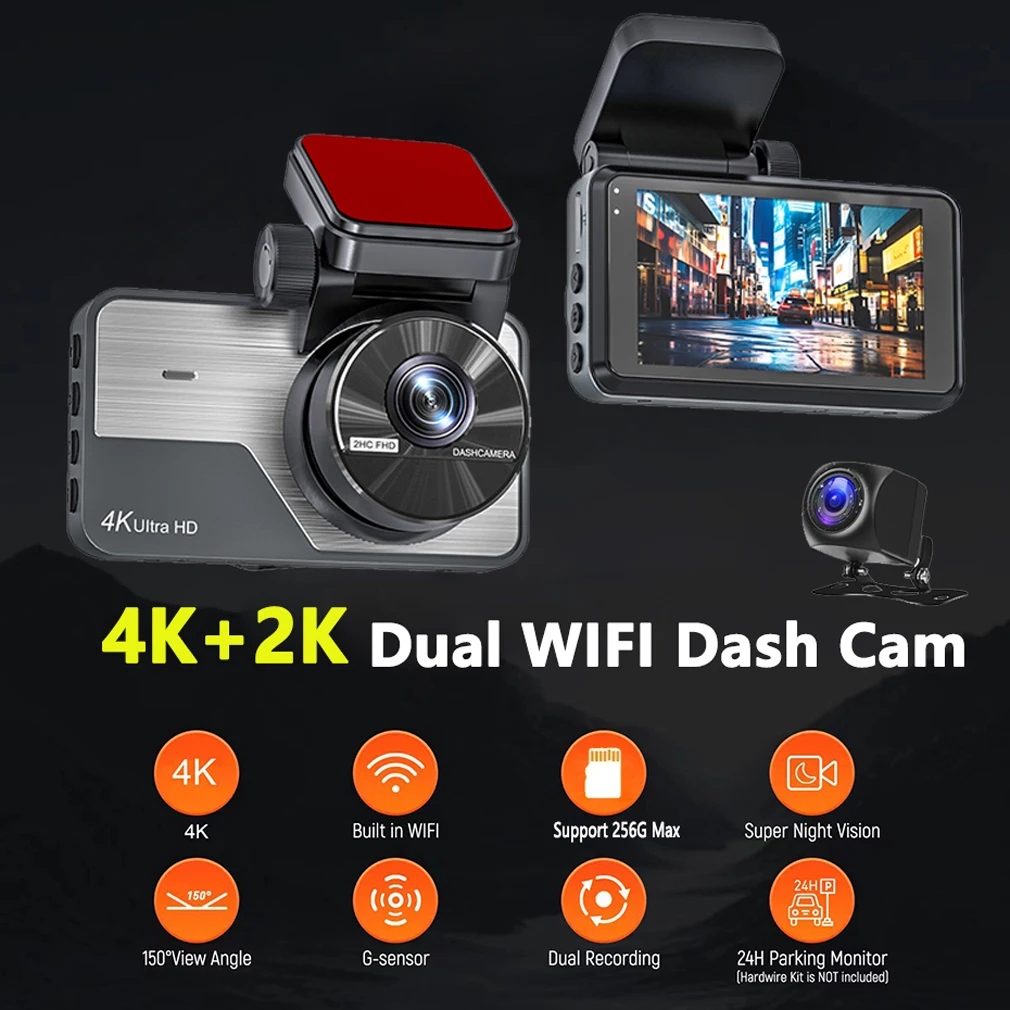 Dual Lens Dash Cam For cars 4K+2K front and rear Build-in Wifi G-Sensor 3 inch ips display 2160P+1440P dual recording car DVR