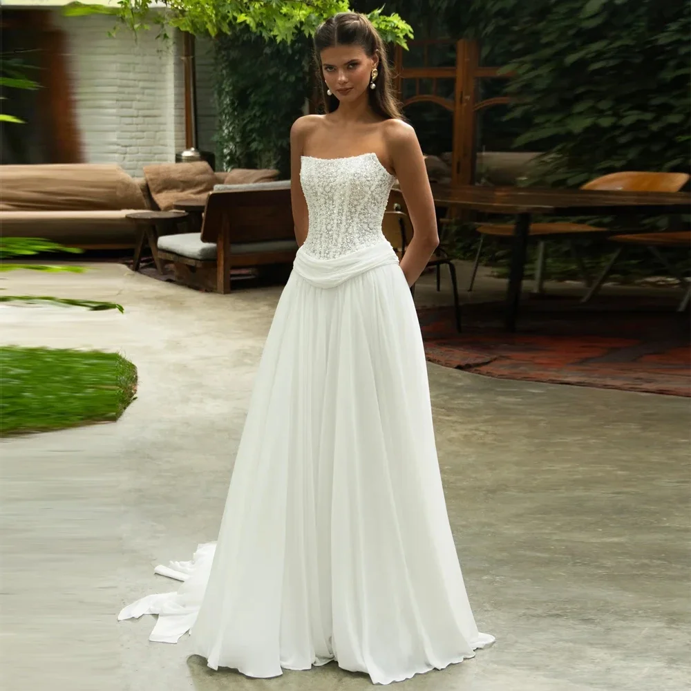 Nymph Customized A Line Strapless Chiffon Wedding Dresses Floor Length Illusion Beaded Bridal Gowns with Court Train vestidos de