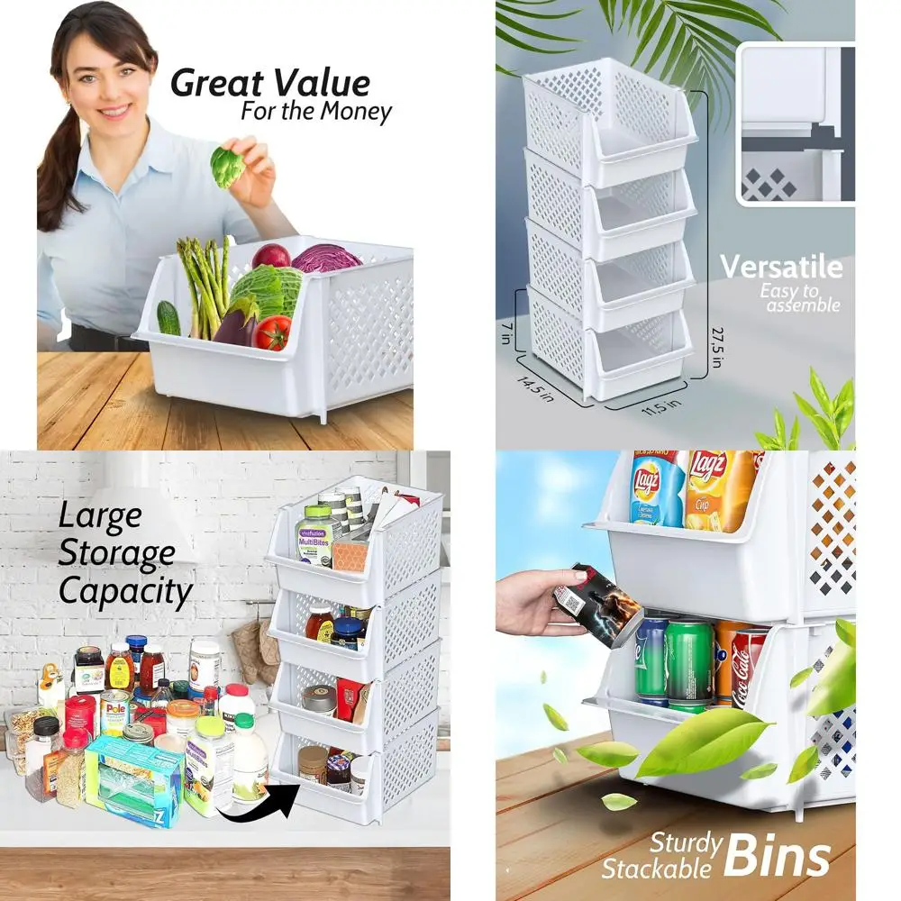 

Stackable Pantry Organizer Bins - 8 White Storage Containers for Kitchen & Bathroom Essentials
