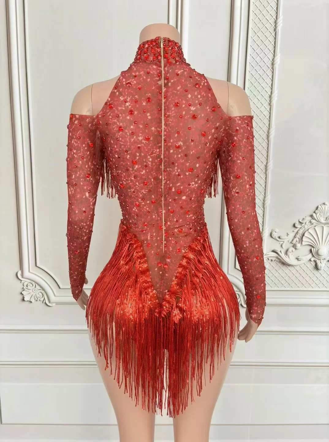 Nightclub Sexy Stage Wear Red Fringe Leotard Dancer Party Show Performance Host Costume Sparkly Sequins Tassel Crystal Bodysuit