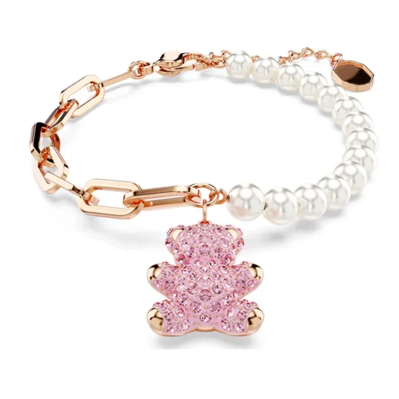 New hot selling Teddy imitation crystal pearl pink bear bracelet plated with rose gold exquisite women's jewelry birthday gift