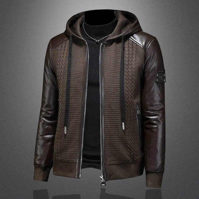 Winter Jackets Mens Duck Down Jacket Men 2025 Autumn Men's Knitted Spliced Leather Jacket Hooded Down Jacket Coat Kurtka Zimowa view 3