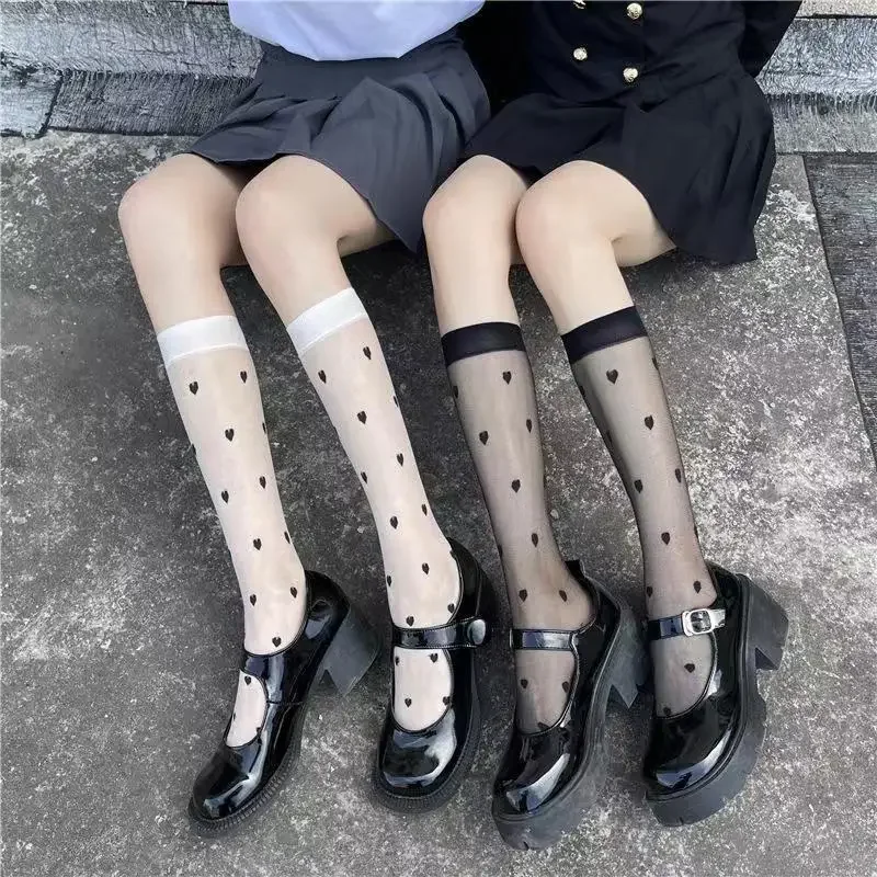 Socks Woman Cute White Heart Shaped Pattern Calf Socks Summer Ultra-thin Translucent Lace Stockings Japanese Sweet JK Leggings