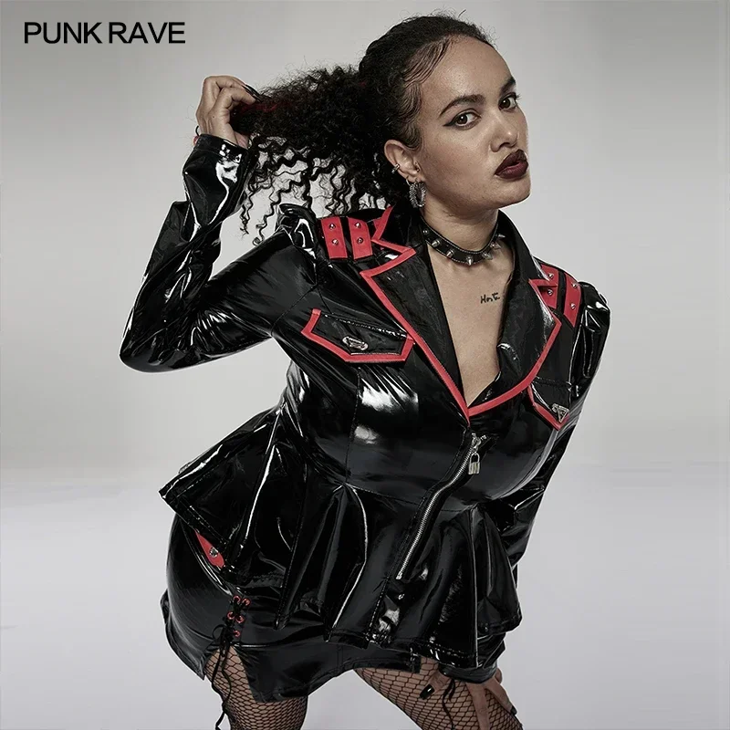 

PUNK RAVE Women's Gothic Sexy Patent Leather Jacket Punk Handsome Cosplay Party Club Pleats Hem Coat Spring/Autumn