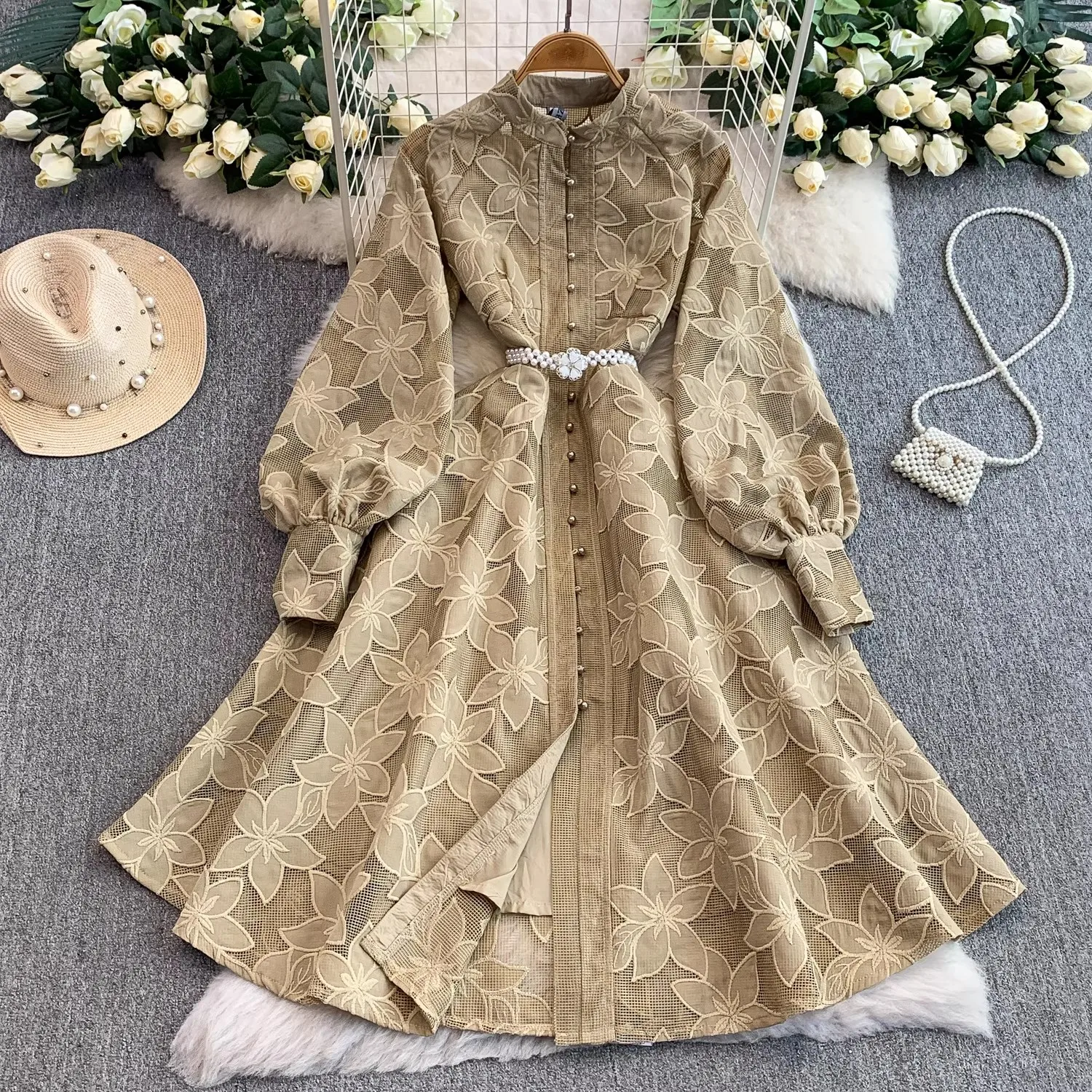 فستان نسائي خريفي عتيق مطرز أنيق بصدر واحد ميدي على شكل حرف A من الدانتيل فستان مكتب سيدة للحفلات الراقصة المسائية مع حزام