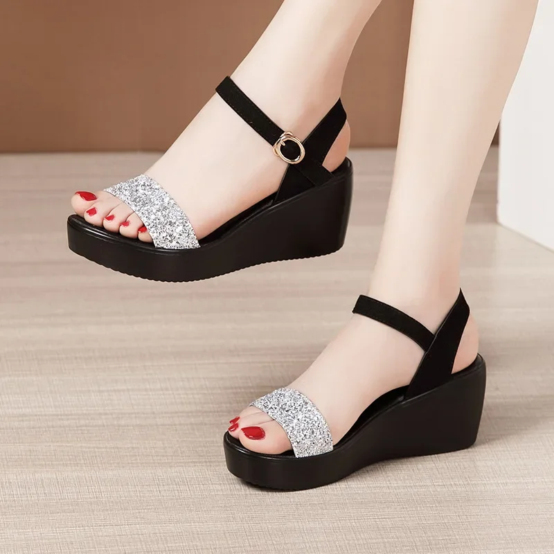 Small Big Size 32-43 Bling Silver Black High Heels Wedges Shoes Women Summer 2024 Thick Sole Platform Sandals Beach