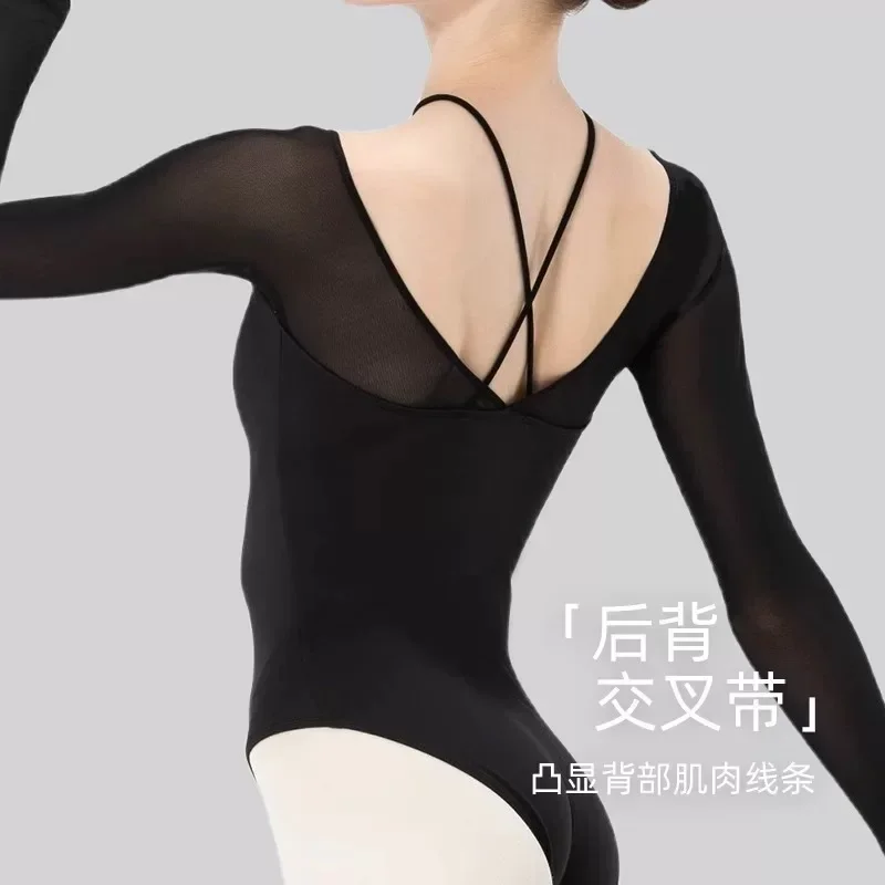 Black Mesh Ballet Leotard Women Cross shoulder strapsOne-piece cup Classical Dancewear Gymnastics Swimsuit Yoga Tights Performan