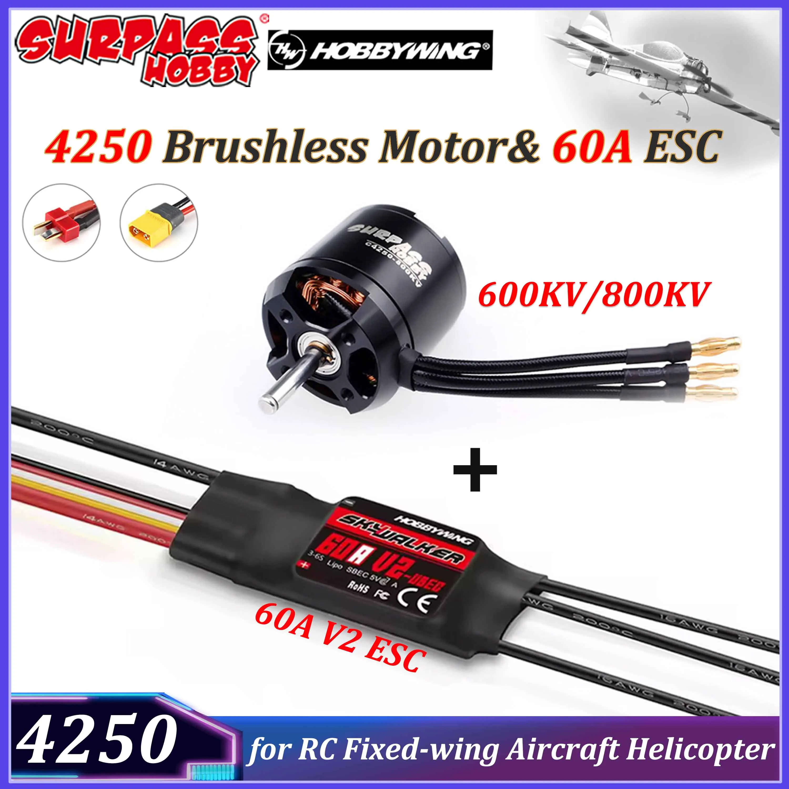 

Surpass Hobby 4250 Outrunner Brushless Motor with Skywalker 60A V2 ESC for RC Fixed-wing Aircraft Airplane Helicopter Parts