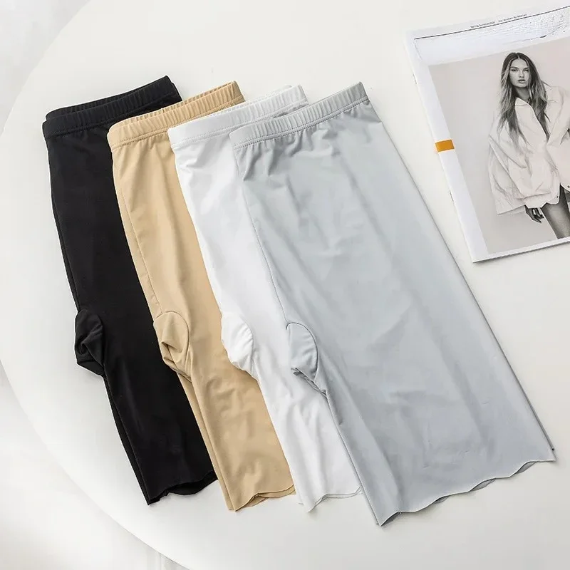 Bezszwowe, cienkie szorty damskie z jedwabiu lodowego, plus size, z wysokim stanem, pod spódnicę, bokserki, majtki, szorty ochronne zapobiegające otarciom ud. — zdjęcie 3