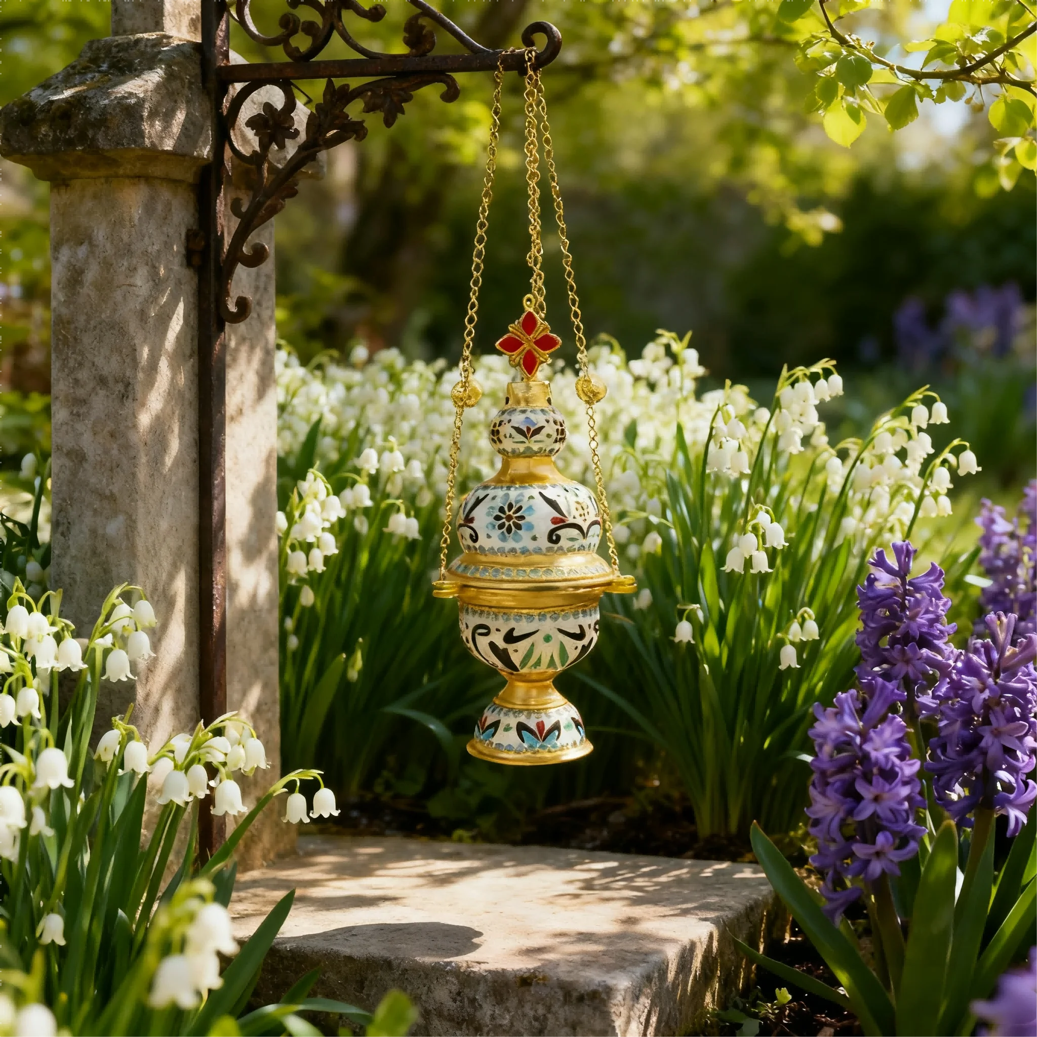 Ornate Enamel Floral Pattern Orthodox Hanging Censer With Golden Bells Colorful Hand‑painted Liturgical Incense Burner Elegant D